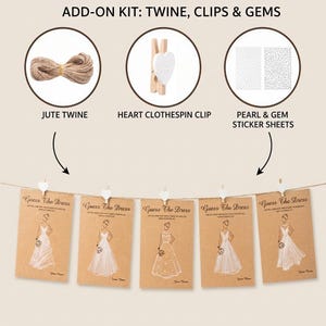 May include: An add-on kit featuring a roll of brown jute twine, a wooden clothespin with a white heart, and two sheets of pearl and gem stickers. Below, five rectangular brown cards labeled Guess the Dress with white dress illustrations.