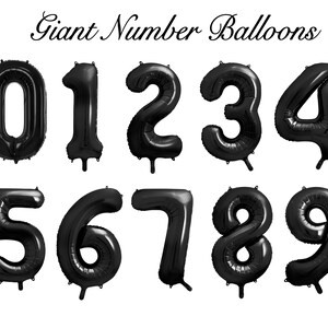 May include: A collection of black, giant number balloons, from zero to nine. The balloons are inflated and have a glossy appearance. The words "Giant Number Balloons" are written in cursive at the top of the image.