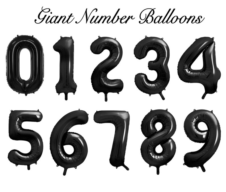May include: A collection of black, giant number balloons, from zero to nine. The balloons are inflated and have a glossy appearance. The words "Giant Number Balloons" are written in cursive at the top of the image.
