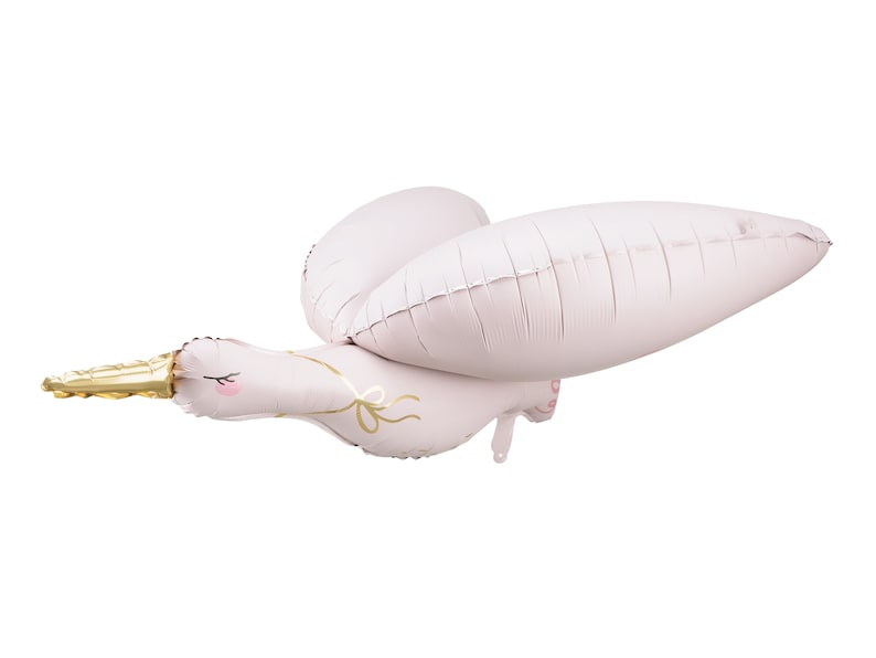 May include: A light pink stork-shaped balloon with white wings and a gold beak. The balloon has a gold bow design and pink cheeks. This decorative balloon is ideal for baby showers and other celebrations.
