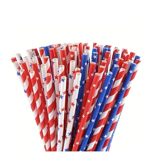 Patriotic Paper Straws in Blue Red White Stars Stripes Patterns USA American Flag 4th July Independence Veterans Day Party Supply Drinkware