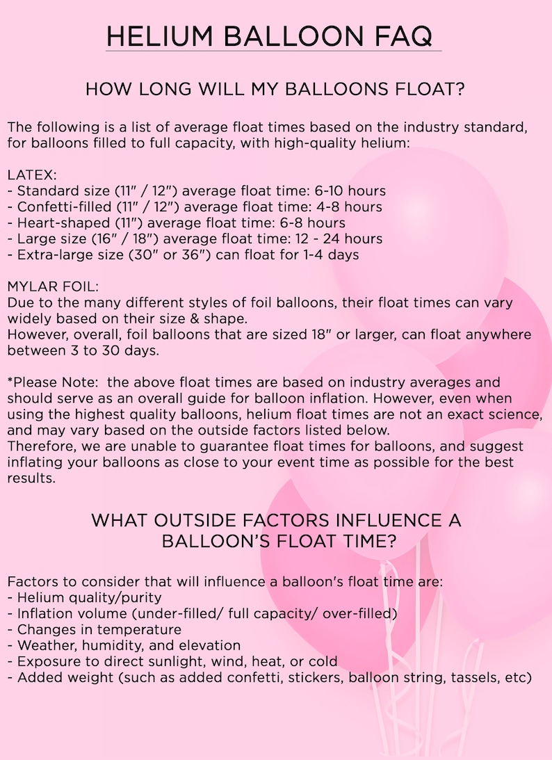 K&ouml;nnte beinhalten: Eine rosa-wei&szlig;e Grafik mit dem Text "HELIUM BALLOON FAQ" und "HOW LONG WILL MY BALLOONS FLOAT?" Die Grafik listet die durchschnittlichen Schwebezeiten f&uuml;r Latex- und Mylarballons auf, basierend auf Gr&ouml;&szlig;e und Typ. Sie listet auch Faktoren auf, die die Schwebezeit eines Ballons beeinflussen, wie z. B. Heliumqualit&auml;t, F&uuml;llvolumen, Temperatur und zus&auml;tzliches Gewicht.