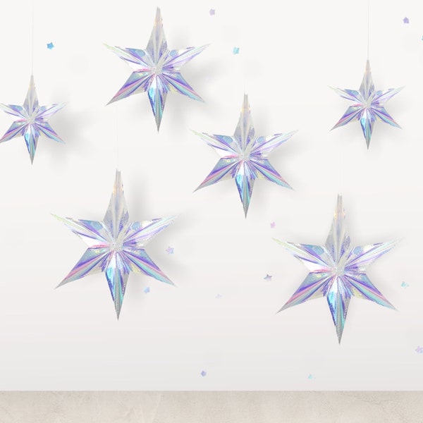 Hanging Star Decoration 3D Iridescent Stars Nursery Baby Shower Christening Baptism Party Ornament New Year Christmas Shooting Star