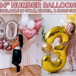 Może przedstawiać: Dwa duże balony z cyframi o średnicy 34 cali, jeden srebrny, a drugi złoty, z mniejszymi balonami w r&oacute;żnych kolorach. Balony są ozdobione konfetti i dostępne są w kolorze złotym, srebrnym i r&oacute;żowym złocie.