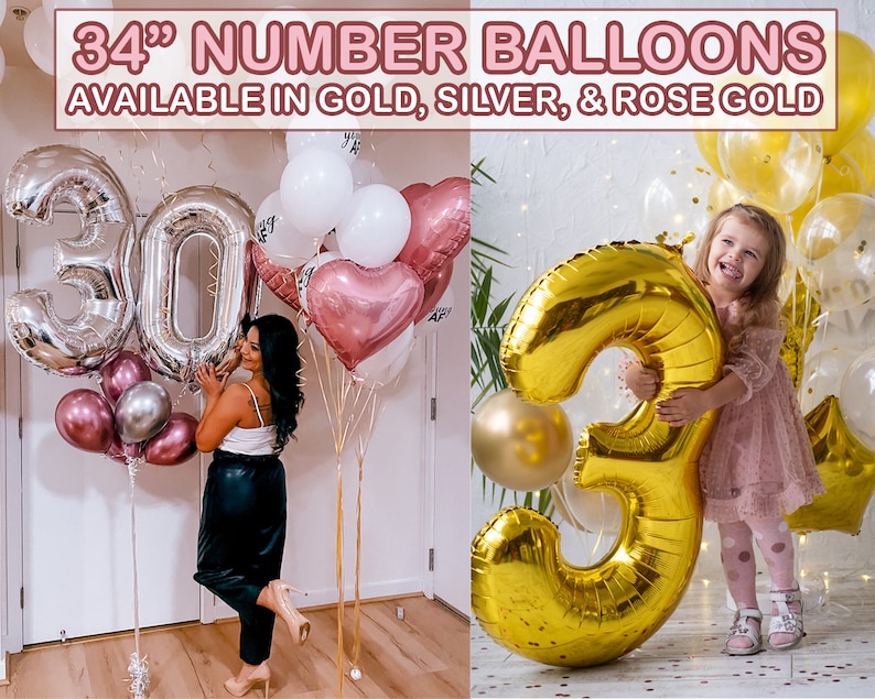 Może przedstawiać: Dwa duże balony z cyframi o średnicy 34 cali, jeden srebrny, a drugi złoty, z mniejszymi balonami w r&oacute;żnych kolorach. Balony są ozdobione konfetti i dostępne są w kolorze złotym, srebrnym i r&oacute;żowym złocie.