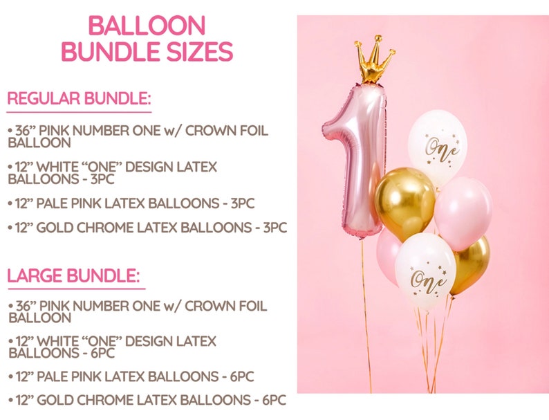 Pu&ograve; includere: Un palloncino rosa a forma di numero uno con una corona dorata, circondato da palloncini in lattice bianchi, dorati e rosa con la scritta "one" stampata su di essi. I palloncini sono disposti in un bouquet su uno sfondo rosa.