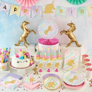 Unicorn Birthday Party Set Full Kit with Plates Napkins Cups Banner Centerpiece Favor Bags and Balloon Pastel Rainbow Tableware Decor