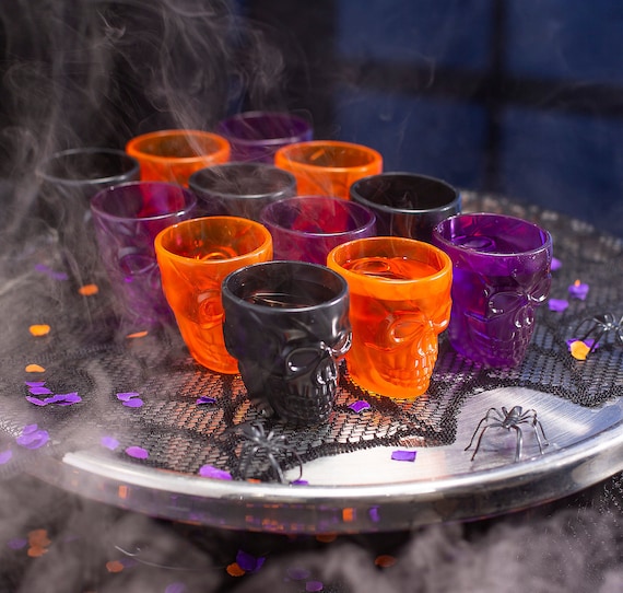 Halloween Skull Shot Glasses, Spooky Orange Black Plastic Shot Glasses, Halloween Reusable Shot Glasses, Halloween Party Decorations Il_570xn