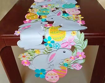 CAMINO DE MESA DE PASCUA Conejito Blanco Huevos Coloridos Bordado Floral Mantel de Tela Primavera Festivo Mantel de Cocina de Granja