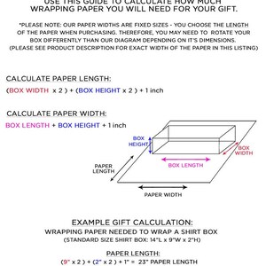 May include: A diagram showing how to calculate the amount of wrapping paper needed for a gift. The diagram shows a box with the dimensions labeled: box length, box width, and box height. The diagram also shows the wrapping paper with the dimensions labeled: paper length and paper width. The text below the diagram provides an example calculation for wrapping a shirt box.