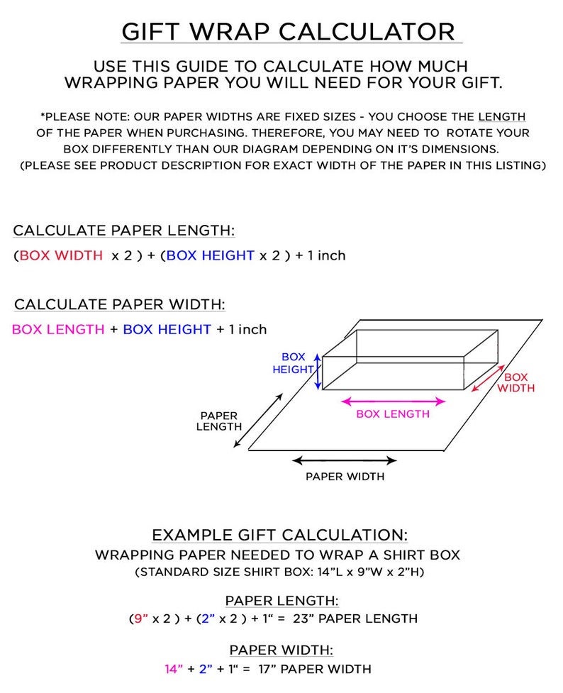 May include: A diagram showing how to calculate the amount of wrapping paper needed for a gift. The diagram shows a box with the dimensions labeled: box length, box width, and box height. The diagram also shows the wrapping paper with the dimensions labeled: paper length and paper width. The text below the diagram provides an example calculation for wrapping a shirt box.
