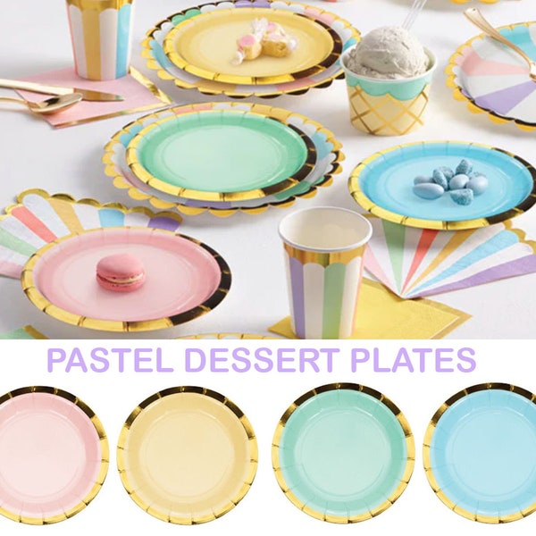 Pastel Paper Plates with Gold Edge Pink Blue Mint Yellow Appetizer Dessert Cocktail Party Tableware Ice Cream Fun Fair Baby Shower Birthday