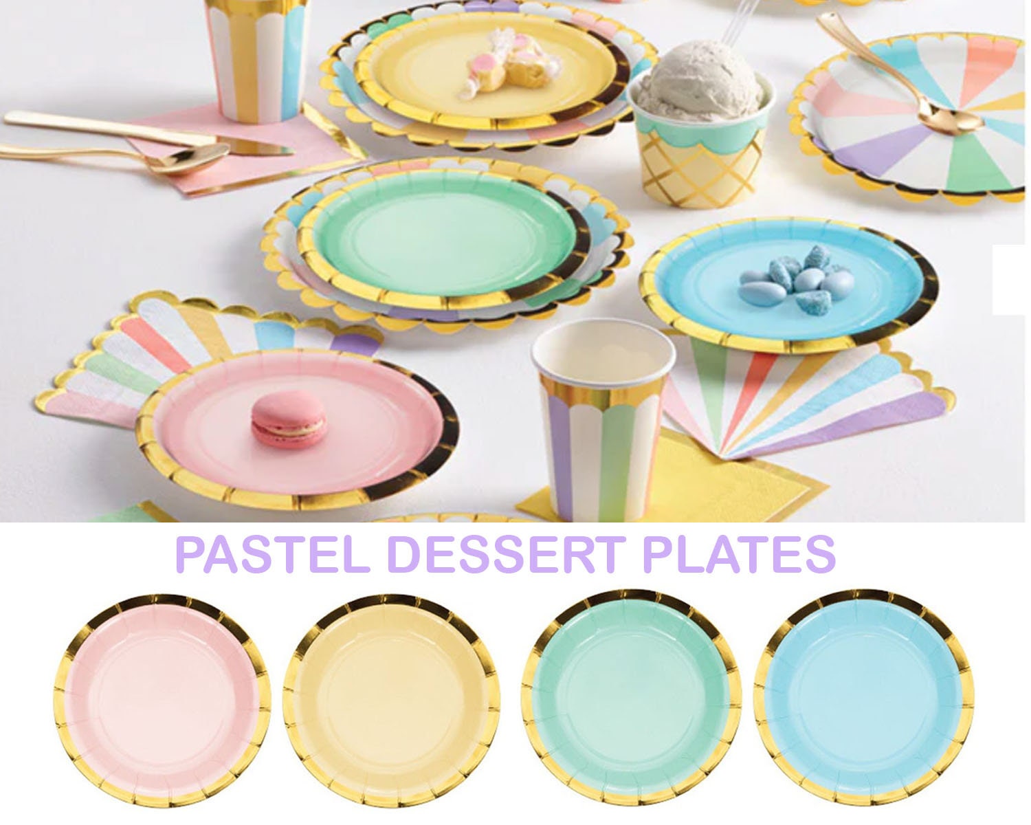 Pastel Paper Plates with Gold Edge Pink Blue Mint Yellow Appetizer Dessert Cocktail Party Tableware Ice Cream Fun Fair Baby