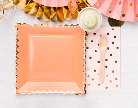 Coral and Gold Scalloped Paper Plates Square Coral and Gold Party Plates Large  Paper Plates Bridal Shower Plates Gold Paper Plates 