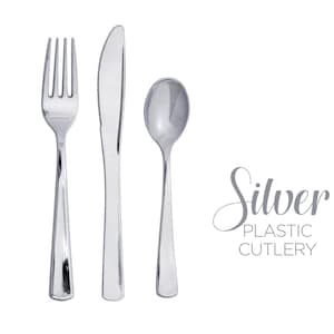 Silver Cutlery Set Premium Plastic Silverware Fork Spoon Knives Tableware for Wedding Anniversary Birthday Party Event Heavyweight Cutlery