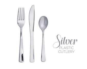 Silver Cutlery Set Premium Plastic Silverware Fork Spoon Knives Tableware for Wedding Anniversary Birthday Party Event Heavyweight Cutlery