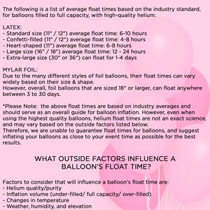 May include: A pink and white graphic with the text "HELIUM BALLOON FAQ" and "HOW LONG WILL MY BALLOONS FLOAT?"  The graphic lists average float times for latex and mylar balloons based on size and type. It also lists factors that influence a balloon's float time, such as helium quality, inflation volume, temperature, and added weight.