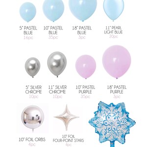 Puede incluir: Un kit de guirnalda de 4,88 metros para una fiesta de tem&aacute;tica invernal. El kit incluye globos de color azul pastel, azul claro perlado, cromo plateado, morado pastel de varios tama&ntilde;os, orbes de l&aacute;mina, estrellas de cuatro puntas, un copo de nieve, una bomba de mano para globos, cinta adhesiva, puntos de pegamento, una herramienta para atar globos y cuerda transparente.