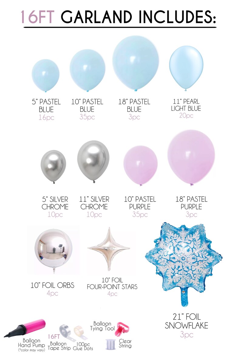 Puede incluir: Un kit de guirnalda de 4,88 metros para una fiesta de tem&aacute;tica invernal. El kit incluye globos de color azul pastel, azul claro perlado, cromo plateado, morado pastel de varios tama&ntilde;os, orbes de l&aacute;mina, estrellas de cuatro puntas, un copo de nieve, una bomba de mano para globos, cinta adhesiva, puntos de pegamento, una herramienta para atar globos y cuerda transparente.