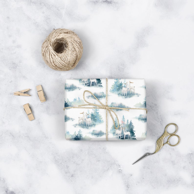 Woodland Gift Wrapping Paper Watercolor Winter Forest Reindeer Christmas Festive Artistic Present Packaging Sheet Roll Holiday Wrapper Bild 1