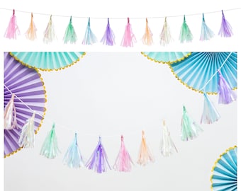 Guirnalda de borlas de arcoíris con flecos iridiscentes multicolor pastel, pancarta con flecos vivos, unicornio, sirena, decoración de cumpleaños para niños, baby shower, revelación de género