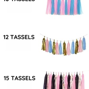 Pode incluir: Tr&ecirc;s conjuntos de grinaldas de borlas decorativas. A grinalda superior tem 10 borlas em rosa e azul. A grinalda do meio tem 12 borlas em dourado, rosa e azul. A grinalda inferior tem 15 borlas em preto, rosa e branco.
