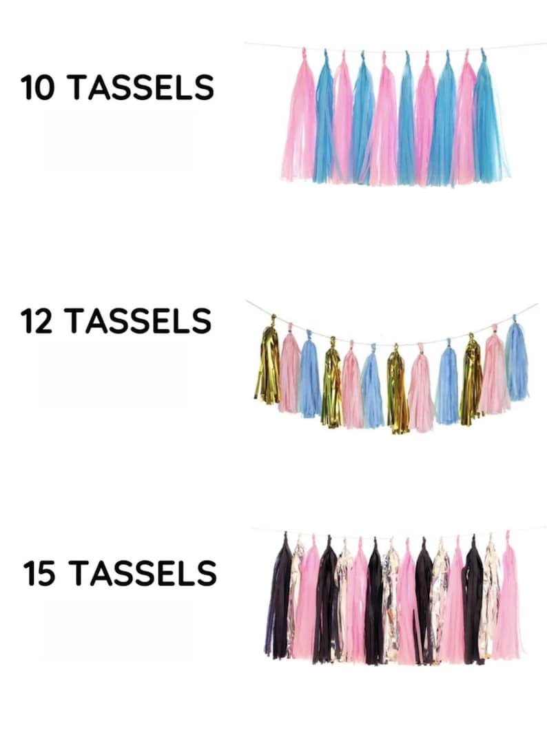 Pode incluir: Tr&ecirc;s conjuntos de grinaldas de borlas decorativas. A grinalda superior tem 10 borlas em rosa e azul. A grinalda do meio tem 12 borlas em dourado, rosa e azul. A grinalda inferior tem 15 borlas em preto, rosa e branco.
