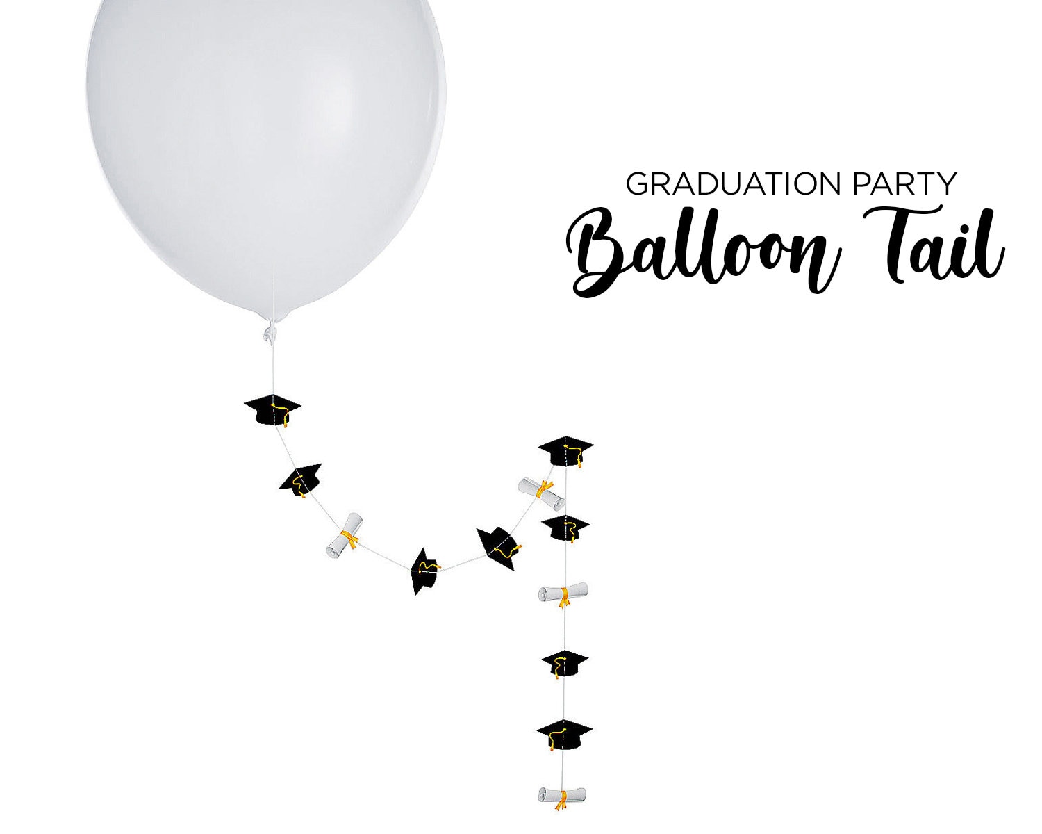 Graduation Balloon Tail With Caps and Diploma Black White Grad
