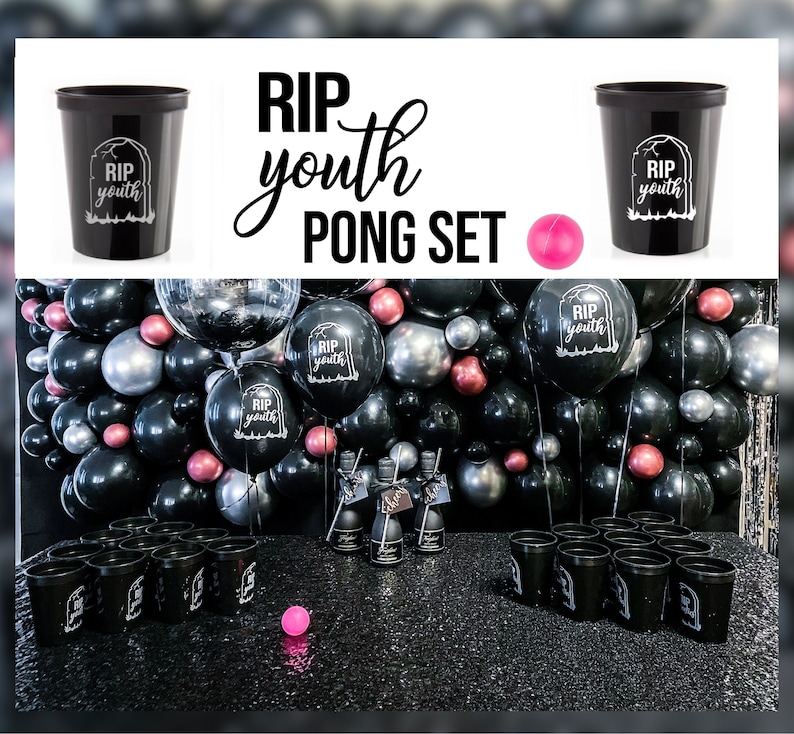 Birthday Pong Set RIP Youth Black Plastic Cups and Pink Ball Party Entertainment Drinking Game Adults 30 40 50 60 Birthday Supply image 1