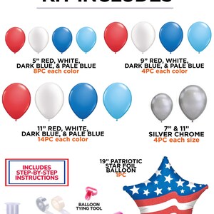 K&ouml;nnte beinhalten: Ein 1,83 m langes Girlanden-Set f&uuml;r eine patriotische Feier. Das Set enth&auml;lt rote, wei&szlig;e, dunkelblaue und hellblaue Ballons in verschiedenen Gr&ouml;&szlig;en, silberne Chromballons, einen sternf&ouml;rmigen Folienballon, ein Ballon-Bindewerkzeug, Klebepunkte, eine Ballon-Handpumpe, eine transparente Schnur und ein Ballon-Klebeband. Das Set enth&auml;lt Schritt-f&uuml;r-Schritt-Anleitungen.