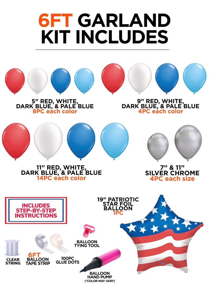 K&ouml;nnte beinhalten: Ein 1,83 m langes Girlanden-Set f&uuml;r eine patriotische Feier. Das Set enth&auml;lt rote, wei&szlig;e, dunkelblaue und hellblaue Ballons in verschiedenen Gr&ouml;&szlig;en, silberne Chromballons, einen sternf&ouml;rmigen Folienballon, ein Ballon-Bindewerkzeug, Klebepunkte, eine Ballon-Handpumpe, eine transparente Schnur und ein Ballon-Klebeband. Das Set enth&auml;lt Schritt-f&uuml;r-Schritt-Anleitungen.