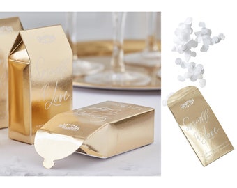Boîte à confettis saupoudrée d'or avec des confettis en papier de soie biodégradable blanc pour une cérémonie de mariage élégante