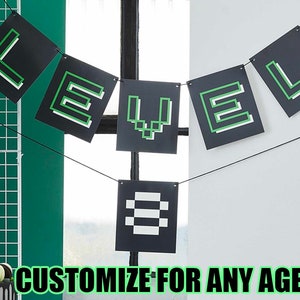 Gaming Birthday Banner with CUSTOM AGE NUMBER Level Up Arcade Video Game Garland Boys Kids Bday Milestone Decoration Backdrop Nerd Geek