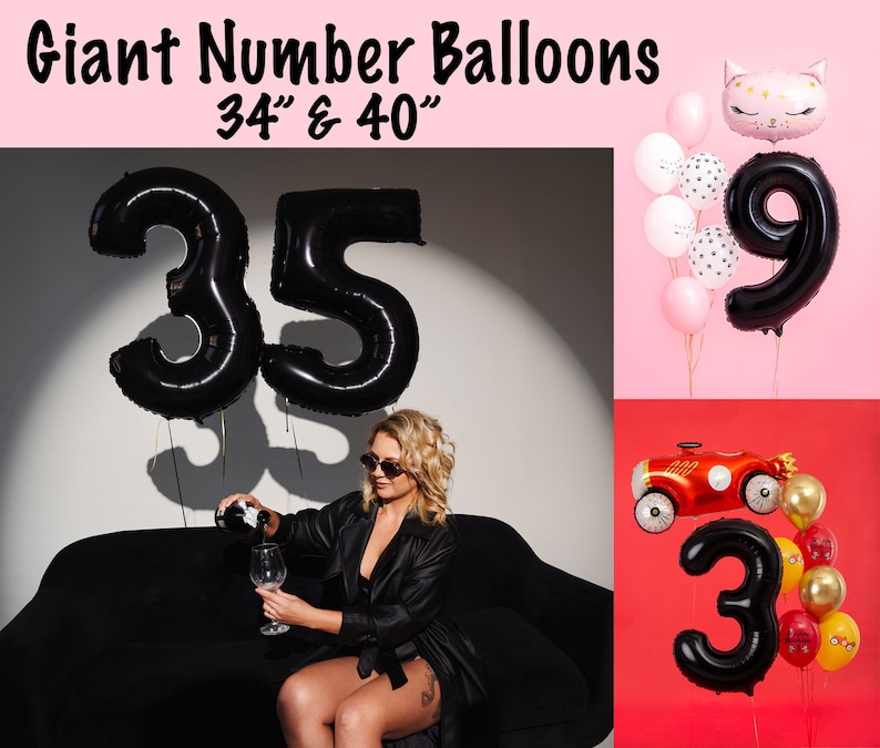 May include: Giant number balloons in black, sized at 34" and 40" (86 cm and 102 cm). The image features various balloons, including the numbers 35 and 9, a red race car balloon, and other decorative balloons. Ideal for birthday parties and celebrations.