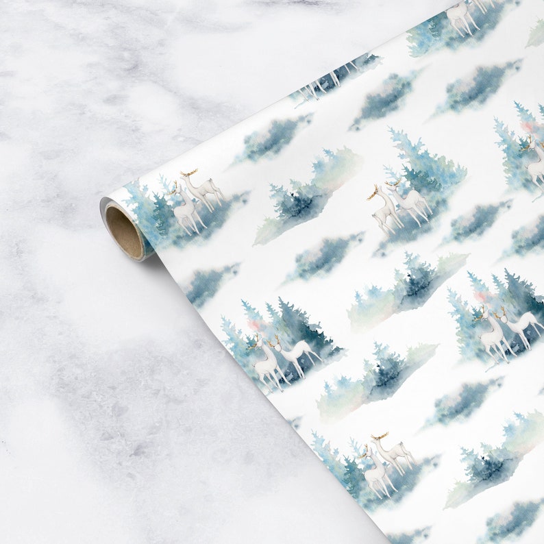 Woodland Gift Wrapping Paper Watercolor Winter Forest Reindeer Christmas Festive Artistic Present Packaging Sheet Roll Holiday Wrapper Bild 3