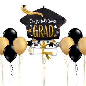 Congratulations Grad Balloon Bouquet Black Gold Stylish Unisex Party Supply Mortarboard Diploma Ornament DIY Graduation Decoration