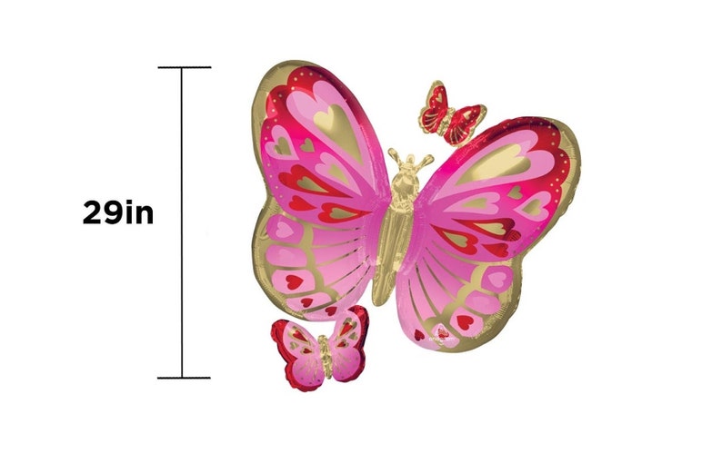 May include: A large pink and gold foil butterfly balloon with smaller pink and gold foil butterfly balloons. The large balloon is 29 inches tall.