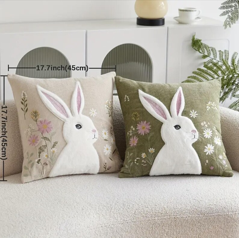 Easter Bunny Chenille Pillow Cover With Plush Bunny Embroidered Flowers ...