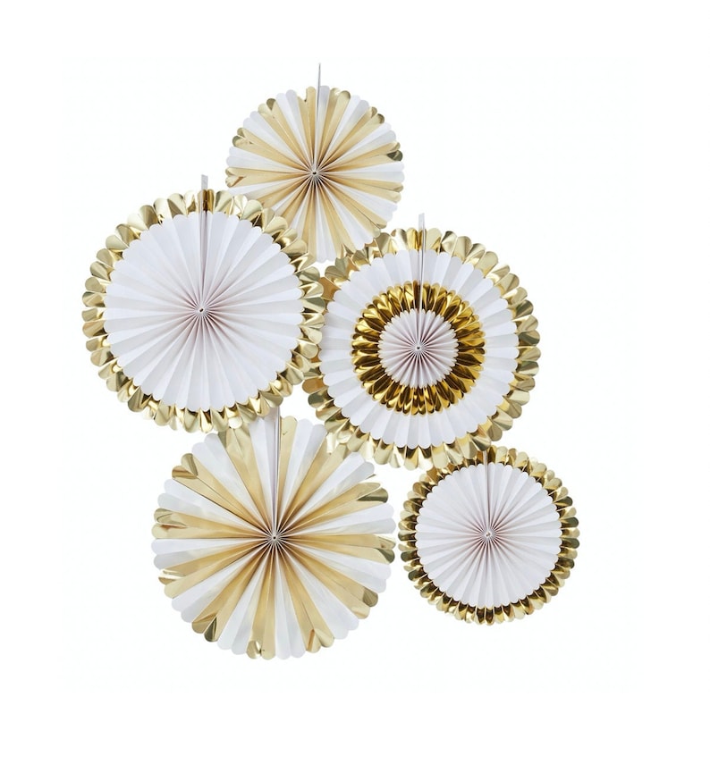 Gold Paper Fans Baby Shower Decor Shower Rosettes Rosette Decorations Bridal Shower Decor White and Gold Shower Rosette Decorations