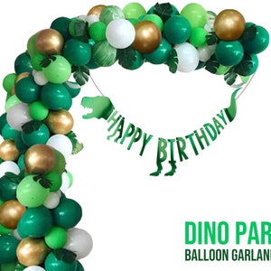 Dinosaur Birthday Decoration Happy Birthday T-rex Banner Green White Gold Balloon DIY KIT Jurassic Jungle Woodland Theme Entryway Arch