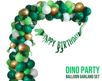 Dinosaur Birthday Decoration Happy Birthday T-rex Banner Green White Gold Balloon DIY KIT Jurassic Jungle Woodland Theme Entryway Arch
