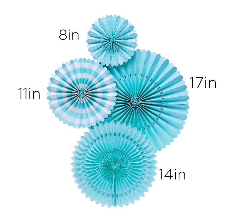 Aqua Blue Paper Fan Set Light Bright Patterned Rosettes Large Etsy