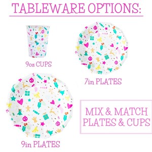 May include: Tableware options include 9oz cups and 7-inch and 9-inch plates. All items are white with a repeating pattern of colorful holiday-themed icons. The text "MIX & MATCH PLATES & CUPS" is also visible.