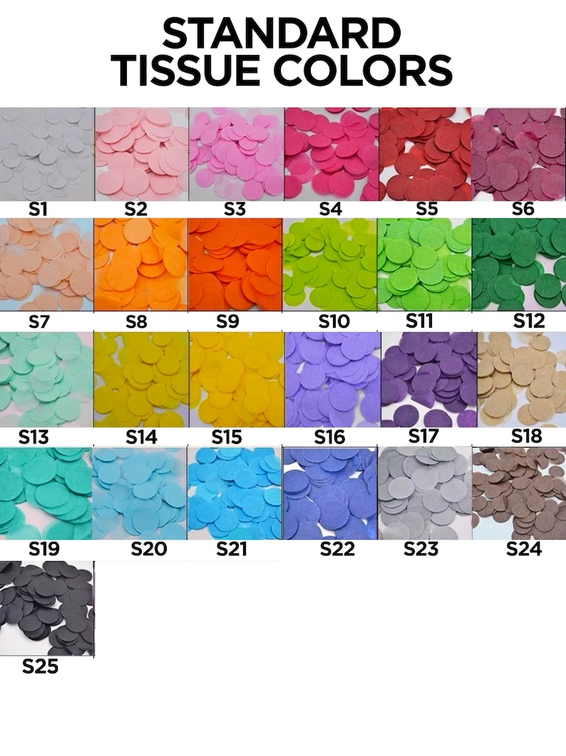 May include: A chart showing 25 different colors of tissue paper. The colors are arranged in rows of six, with the last row having only one color. The colors are labeled with numbers from S1 to S25.