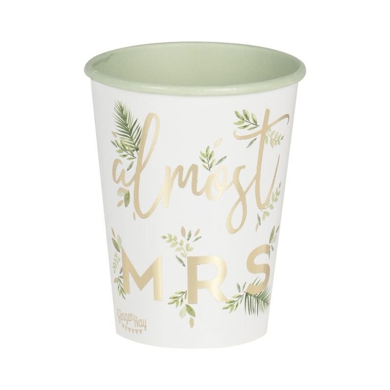 Almost Mrs Paper Cups Gold Green Foil Floral Bridal Shower Bride To Be Bachelorette Hen Party Decor Botanical Leaf Disposable Tableware