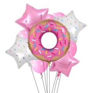 Donut Balloon Bundle Pink White Round Star Sprinkle Polka Dot Balloons Kids Birthday Baby Shower Foody Decoration Centerpiece Gift Bouquet