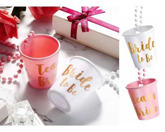 Shot Glass on Beaded Necklace Team Bride To Be Bridal White Pink Plastic Cup for Bachelorette Bridal Shower Hen Do Weekend Away Drinkware Il_570xn