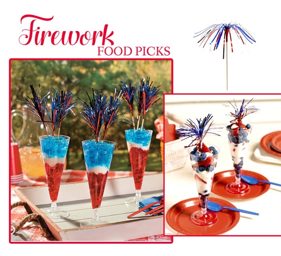 Fireworks Food Pick Red Blue Patriotic Drink Decoration Sparkle Palm Tree Patriotic Cake Dessert Topper 4 July Independence Day Il_570xn