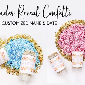 Gender Reveal Konfetti Popper mit CUSTOM LABEL Namen Datum Herbst Baby Herbst Blätter Klein Push Pop Blau Pink Junge oder Mädchen Er oder sie