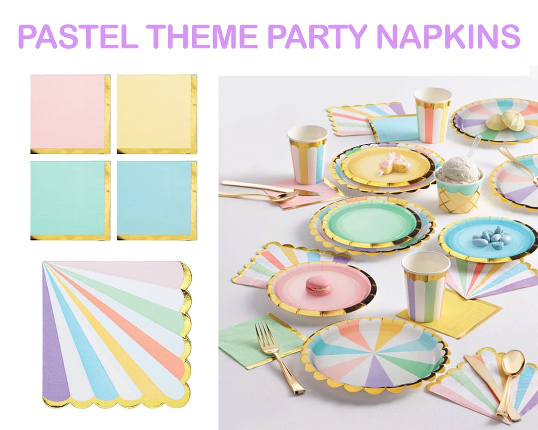 Pastel Paper Napkins With Gold PLAIN or STRIPED Beverage Luncheon